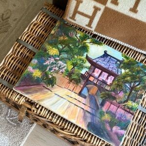 Original Asian Garden Art Painting - Pink & Green Landscape